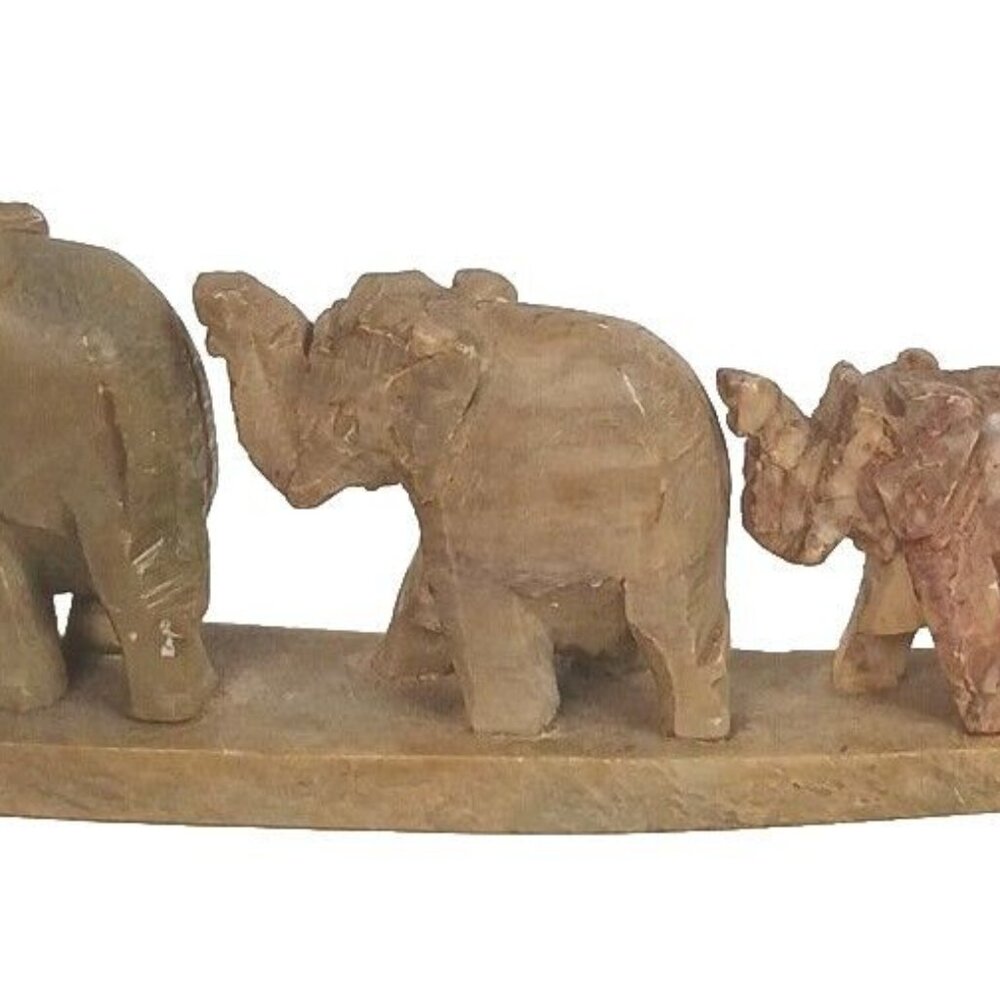 Carved Stone Elephant Family Figurine Vintage Decorative Collectable